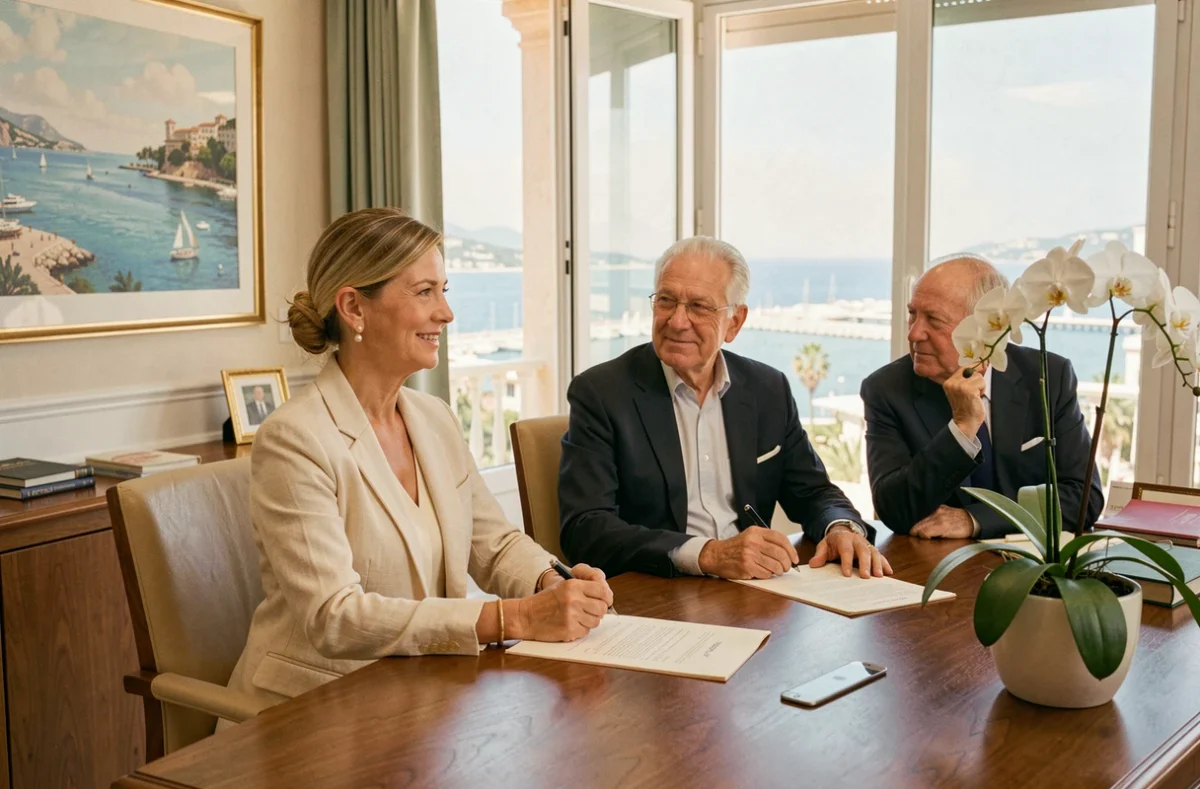 Agente Abeille Assurances en blazer de lin crème conseillant un couple de retraités dans l'agence de Cannes avec vue sur la Croisette et la mer Méditerranée