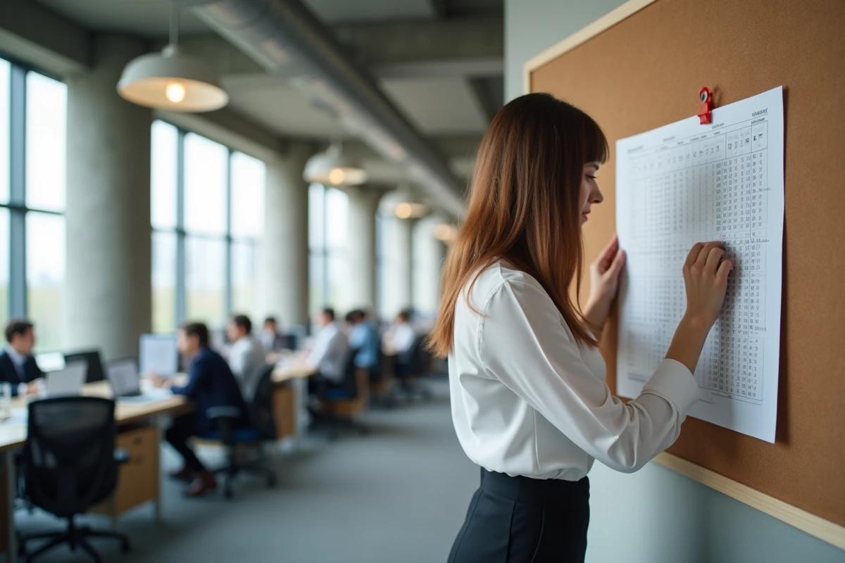 Jeune femme affichant un tableau de calcul heure centième sur un tableau d'affichage dans un open space moderne