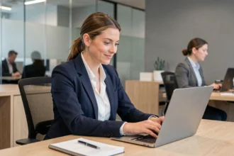 Agent Cofidis connectée à son espace Mon Cofidis Pro sur un ordinateur portable dans un bureau moderne