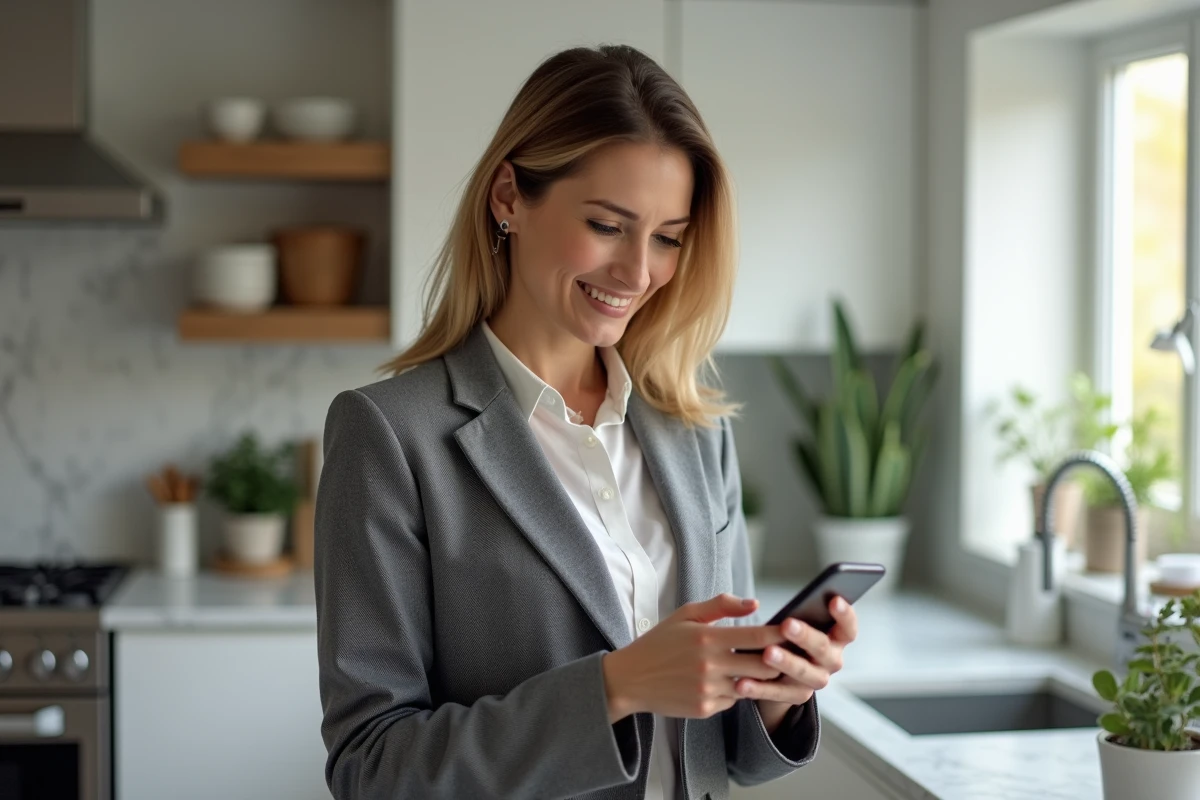 Femme consultant son application bancaire sur smartphone pour ajouter un nouveau bénéficiaire depuis sa cuisine