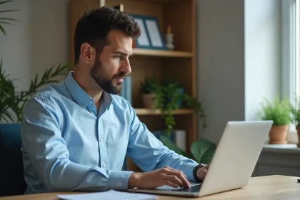 Homme ajoutant un bénéficiaire sur son espace client bancaire depuis un ordinateur portable à son bureau