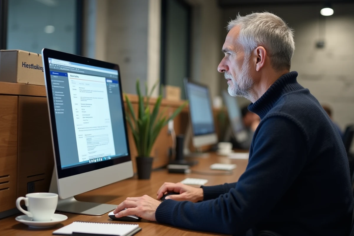 Homme vérifiant un formulaire de bénéficiaire sur un ordinateur de bureau dans un espace de coworking moderne