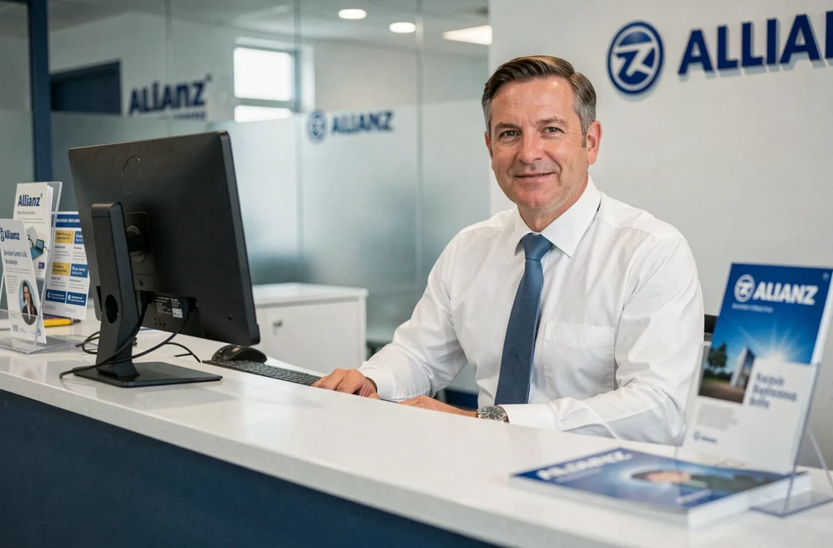 Agent Allianz Stauth Christian assis à son bureau avec la signalétique de l'agence en arrière-plan