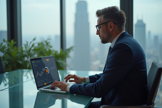 Analyste financier en costume bleu regardant graphiques bitcoin