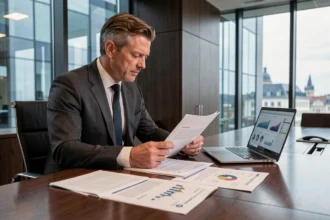 Analyste financier en costume examinant des documents réglementaires MiFID II dans une salle de réunion d'entreprise moderne