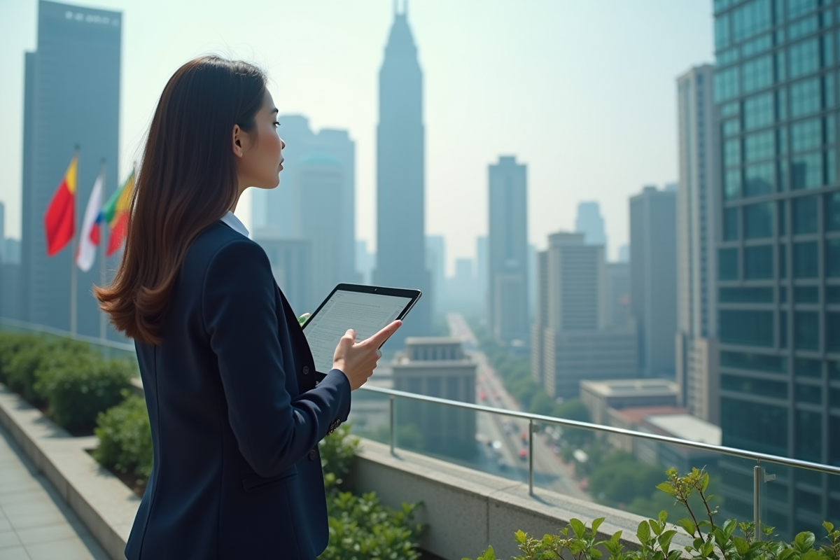 Jeune analyste regardant la ville depuis un rooftop