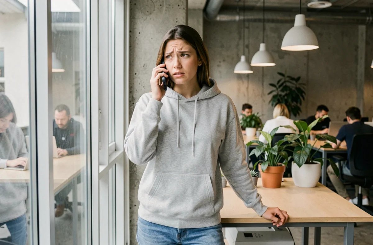 Jeune femme appelant sa banque Crédit Agricole depuis un espace de coworking pour signaler une opposition urgente