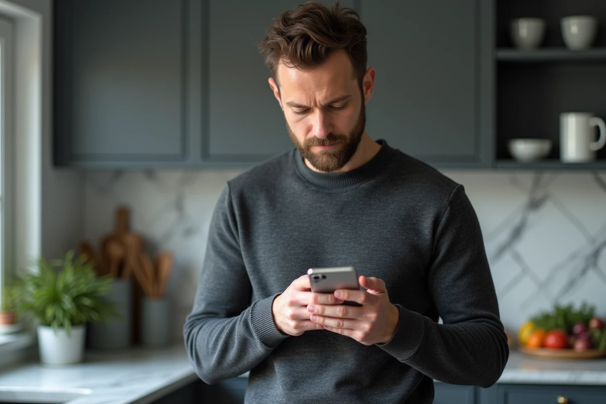 Homme utilisant l'application bancaire LCL sur smartphone pour gérer ses virements et vérifier les limites de sécurité