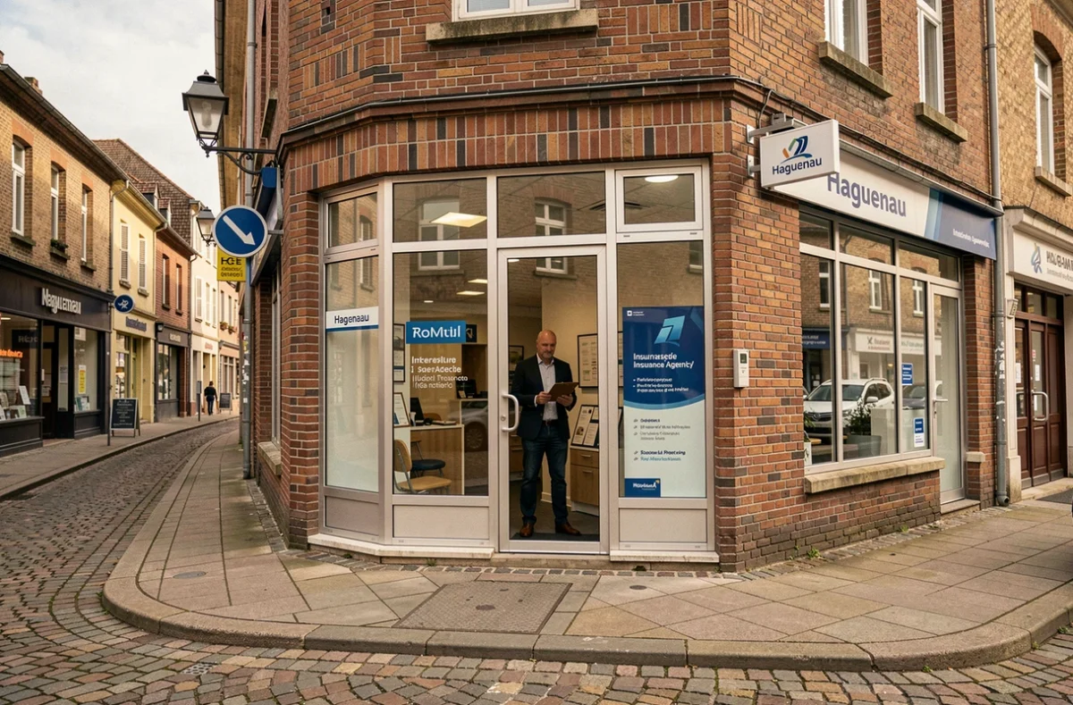 Façade de l'agence Assu 2000 à Haguenau avec un agent visible à travers la vitrine