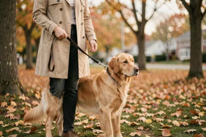 Femme tenant son chien en laisse dans un parc en automne, illustrant la responsabilité civile propriétaire de chien