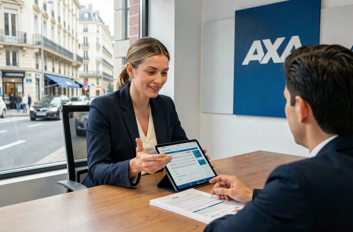 Agente AXA en blazer marine présentant un contrat d'assurance à un client dans l'agence Marseille Castellane avec vue sur le boulevard
