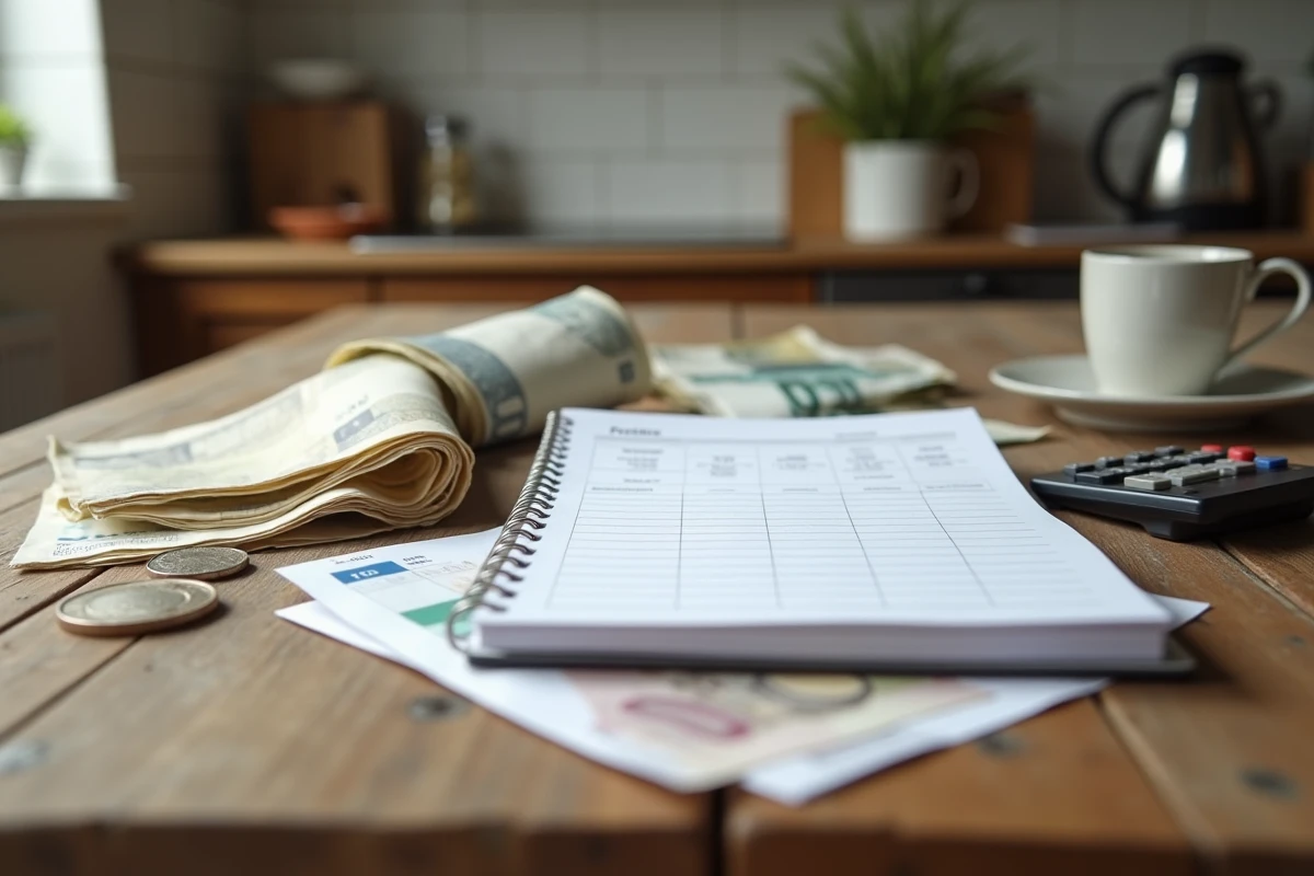 Budget familial avec pièces en euros, billets et factures sur une table en bois, symbolisant la gestion du pouvoir d'achat face à l'inflation en France