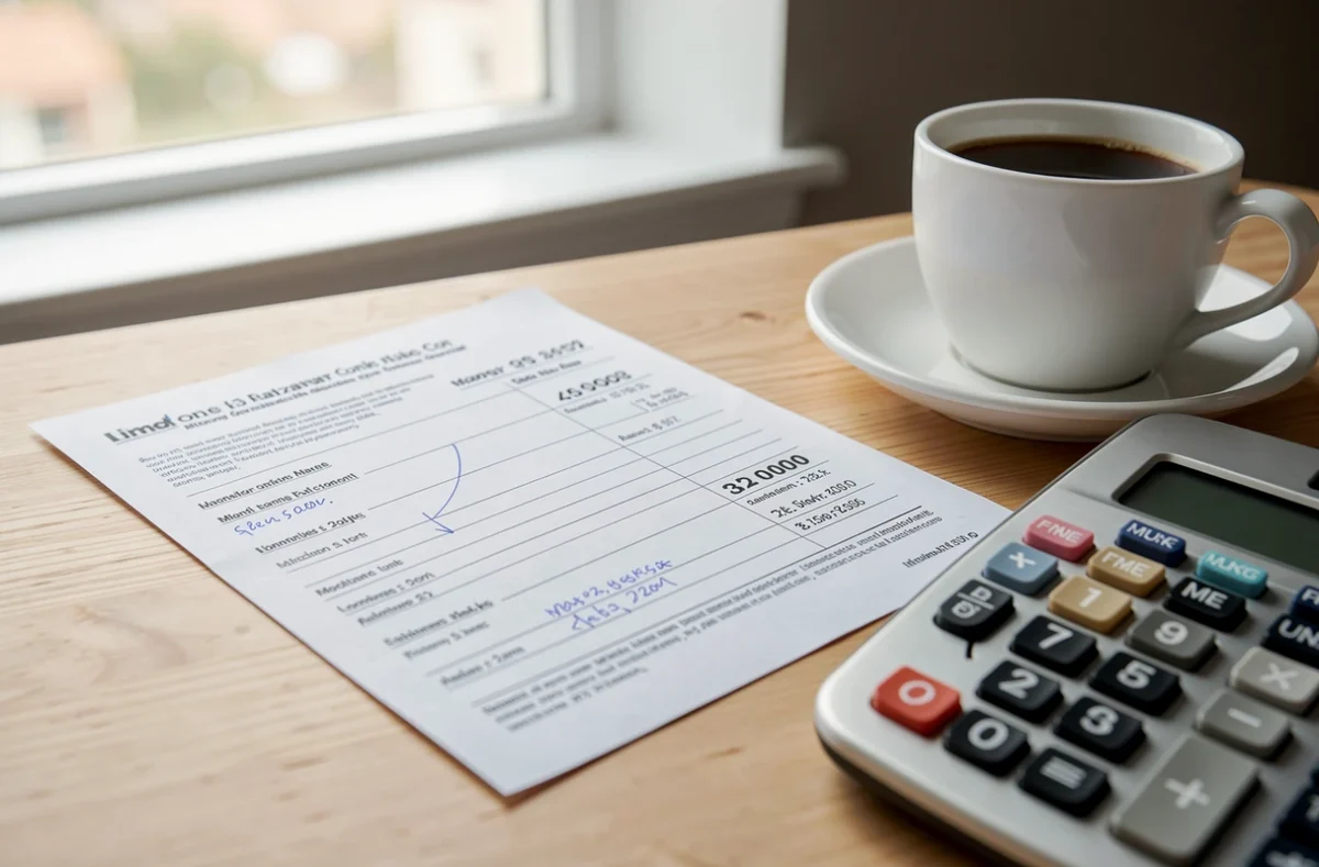 Bulletin de paie posé près d'une calculatrice sur un bureau
