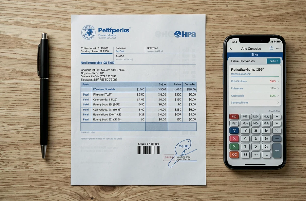 Vue du dessus d'un bulletin de salaire français avec calculatrice et smartphone affichant un convertisseur brut net