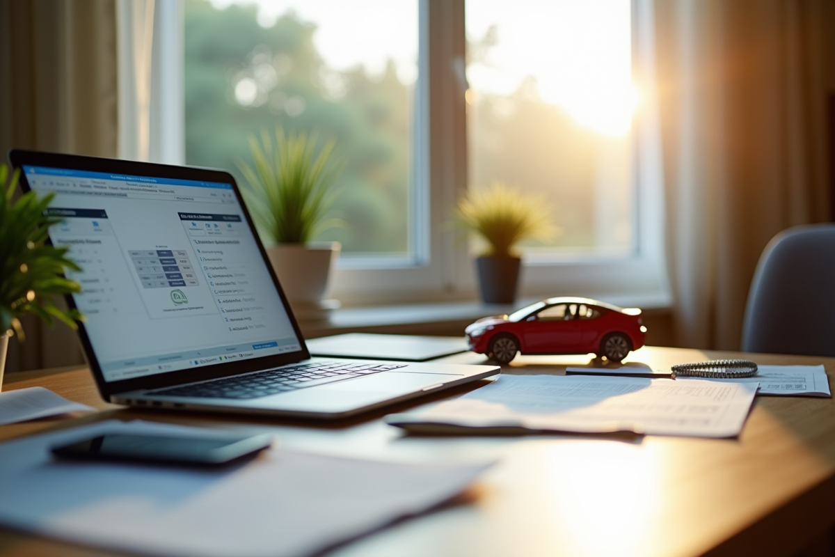 Bureau avec calculatrice et modèle de voiture pour prêt auto