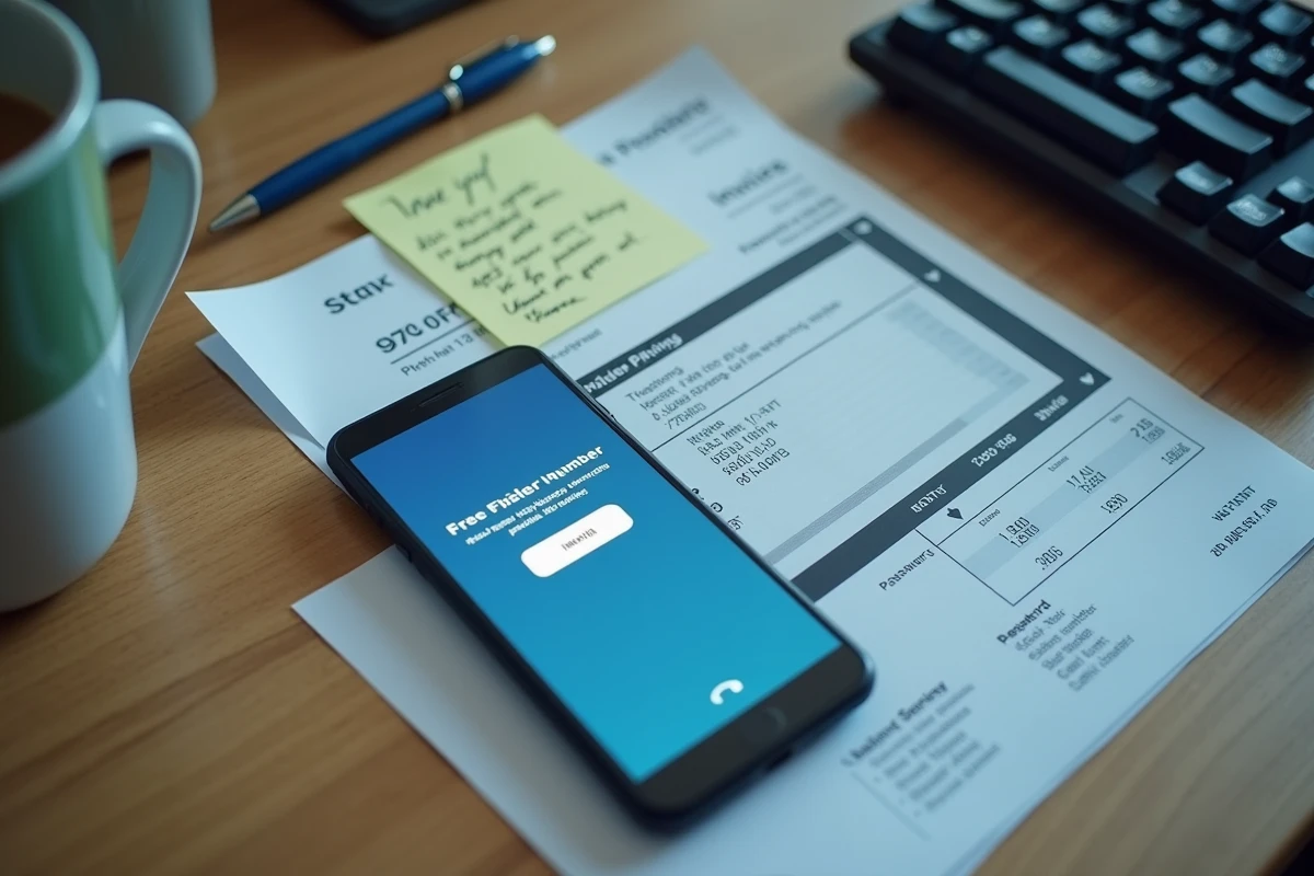Vue de dessus d'un bureau avec facture Free Mobile imprimée, smartphone affichant une alerte de phishing et notes de sécurité manuscrites