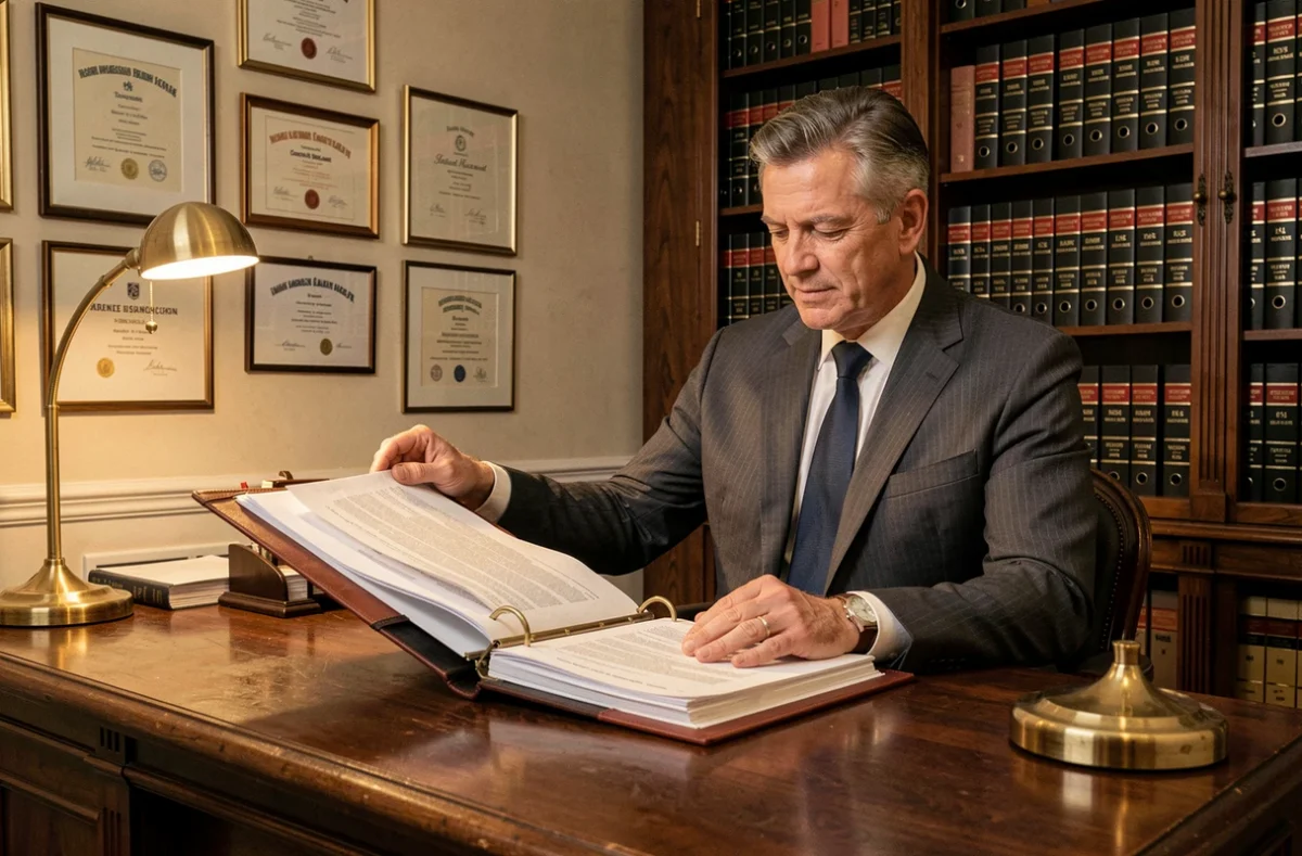 Professionnel du Cabinet B et G consultant des dossiers d'assurance dans un bureau classique bien équipé