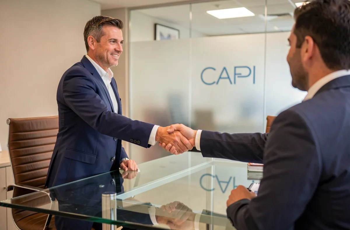 Un conseiller CAFPI accueille un client dans l'agence de courtage immobilier à Marseille