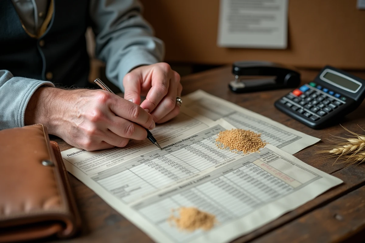 Mains d'agriculteur tenant un stylo sur un tableau de prix du quintal de blé pour le calcul du fermage 2026
