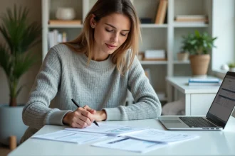 Femme analysant ses fiches de paie et documents fiscaux à son bureau à domicile pour calculer son salaire net en brut