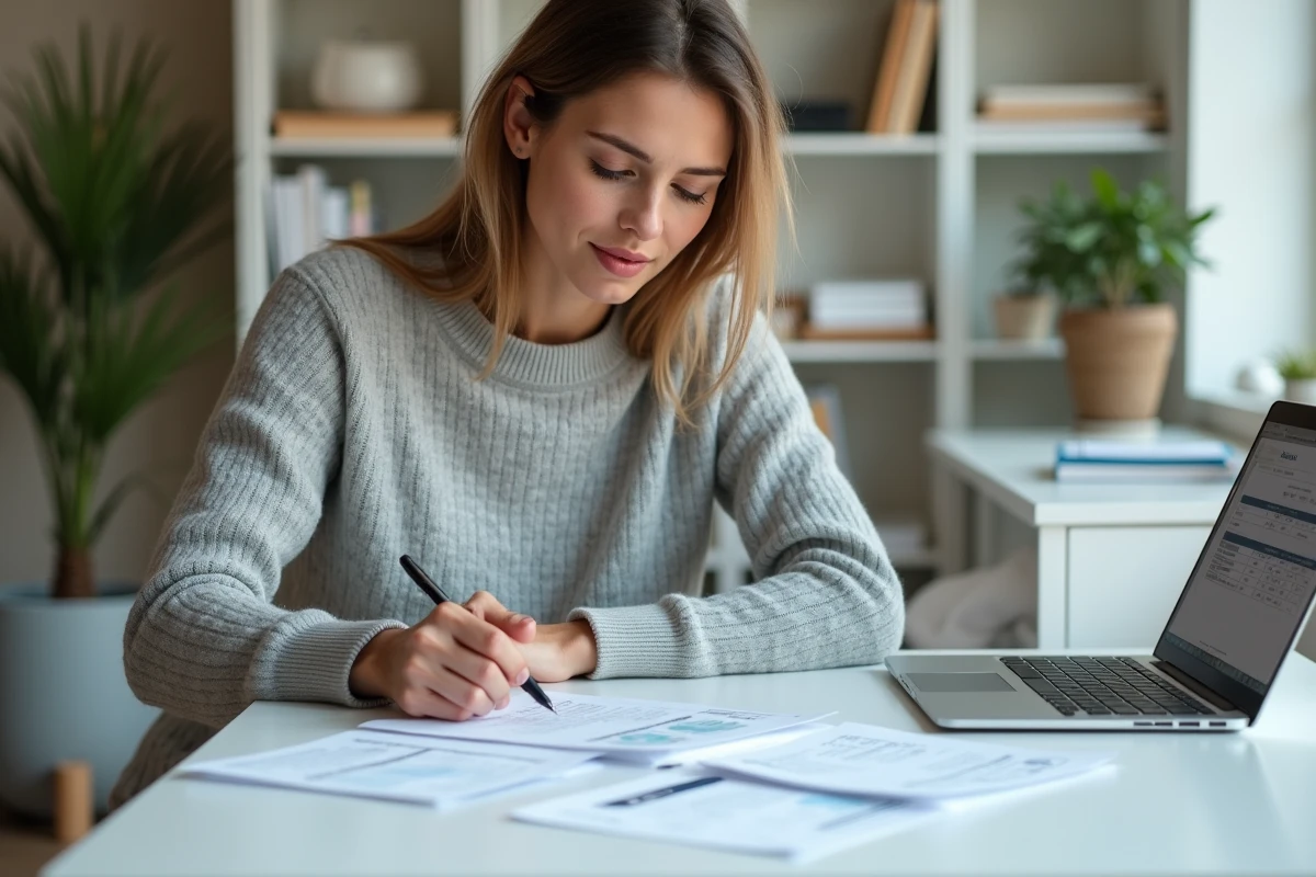Femme analysant ses fiches de paie et documents fiscaux à son bureau à domicile pour calculer son salaire net en brut