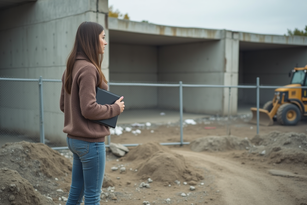 Jeune femme observant un chantier de construction inacheve