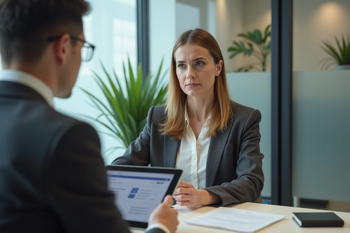 Cheffe d'entreprise en réunion avec un conseiller bancaire professionnel dans une agence Caisse d'Epargne, consultant une tablette pour la gestion de son compte professionnel