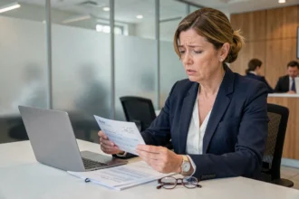 Femme professionnelle dans une banque examinant un chèque sans provision avec une expression préoccupée
