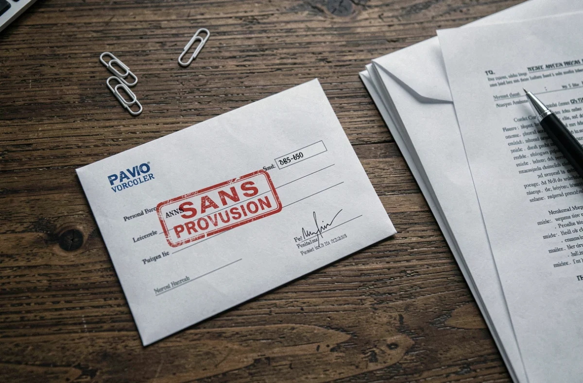 Vue aérienne d'un chèque tamponné sans provision avec des documents juridiques sur un bureau