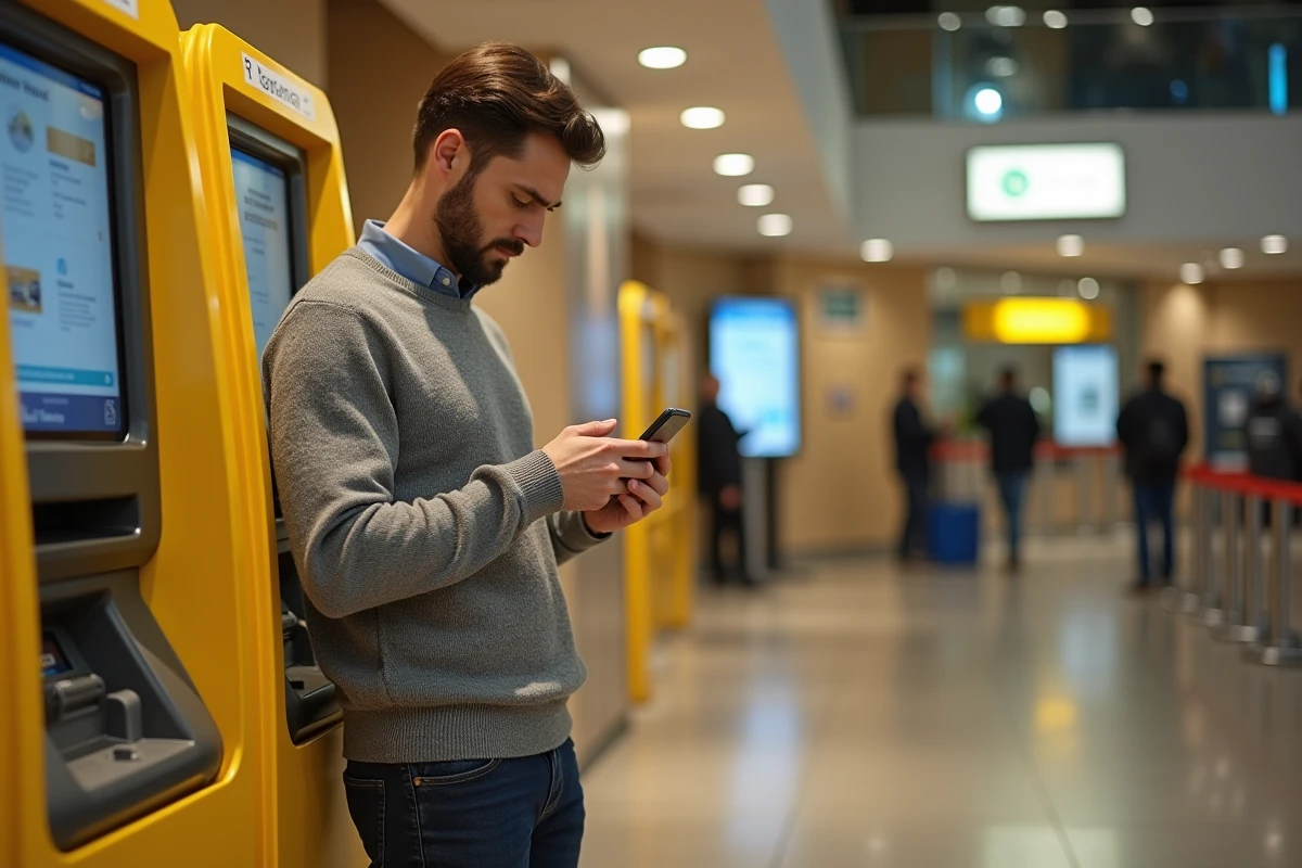 Homme consultant son smartphone devant un distributeur automatique de La Banque Postale pour vérifier des tarifs