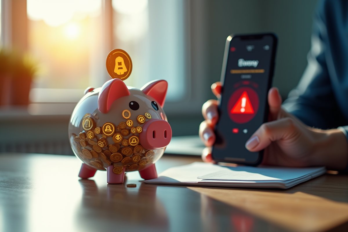 Cochon en piggy bank avec alerte smartphone et risques financiers