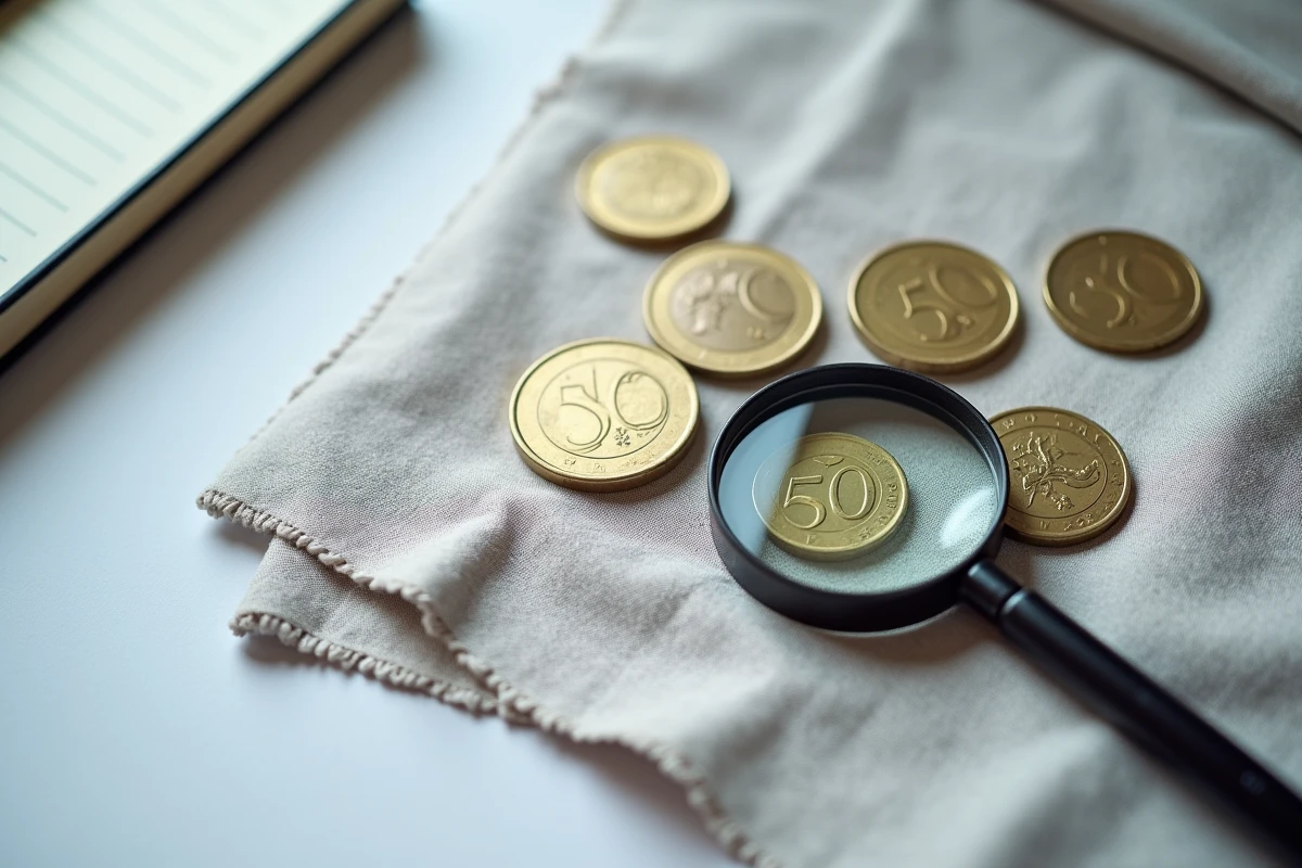 Collection de pièces de 50 centimes d'euro de différents pays européens disposées sur un tissu gris avec une loupe