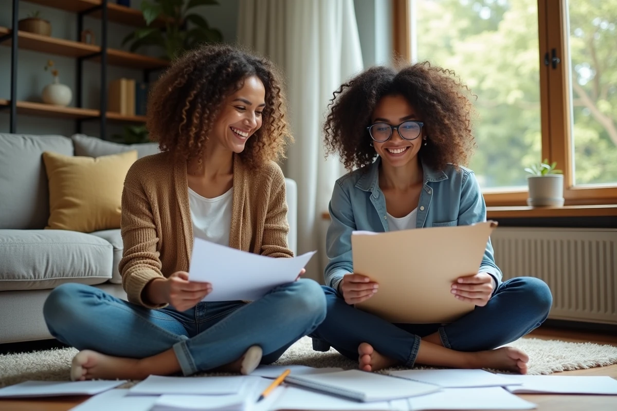 Deux femmes colocataires triant des documents dans leur salon