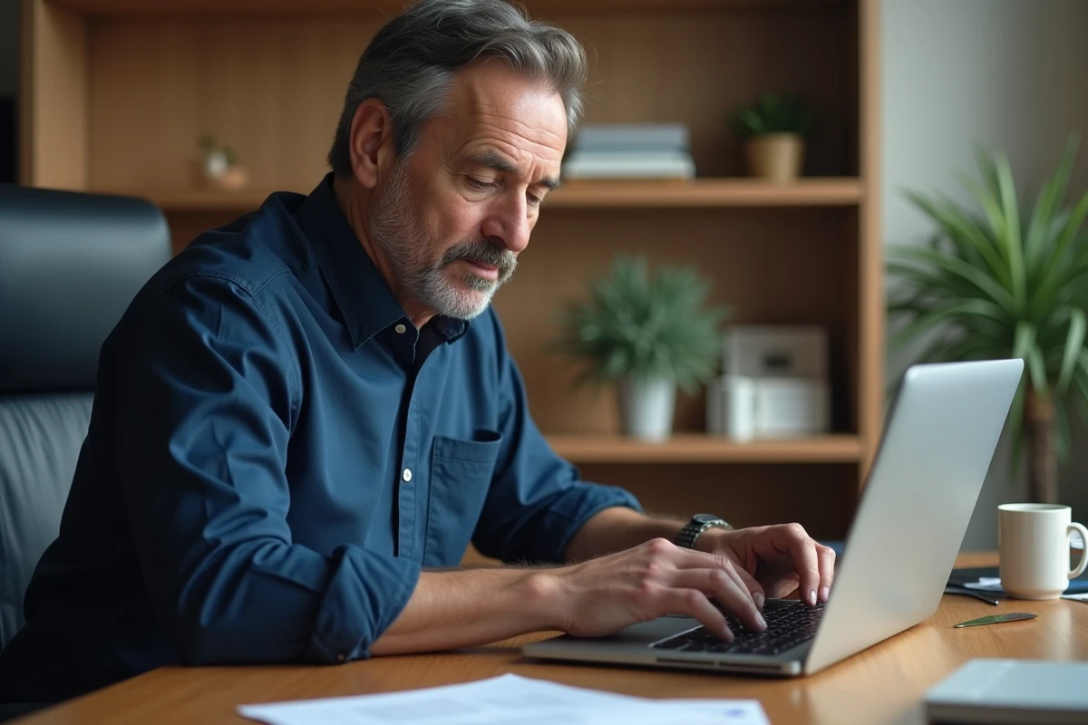 Homme comparant virement classique et virement instantané sur ordinateur portable dans un bureau à domicile