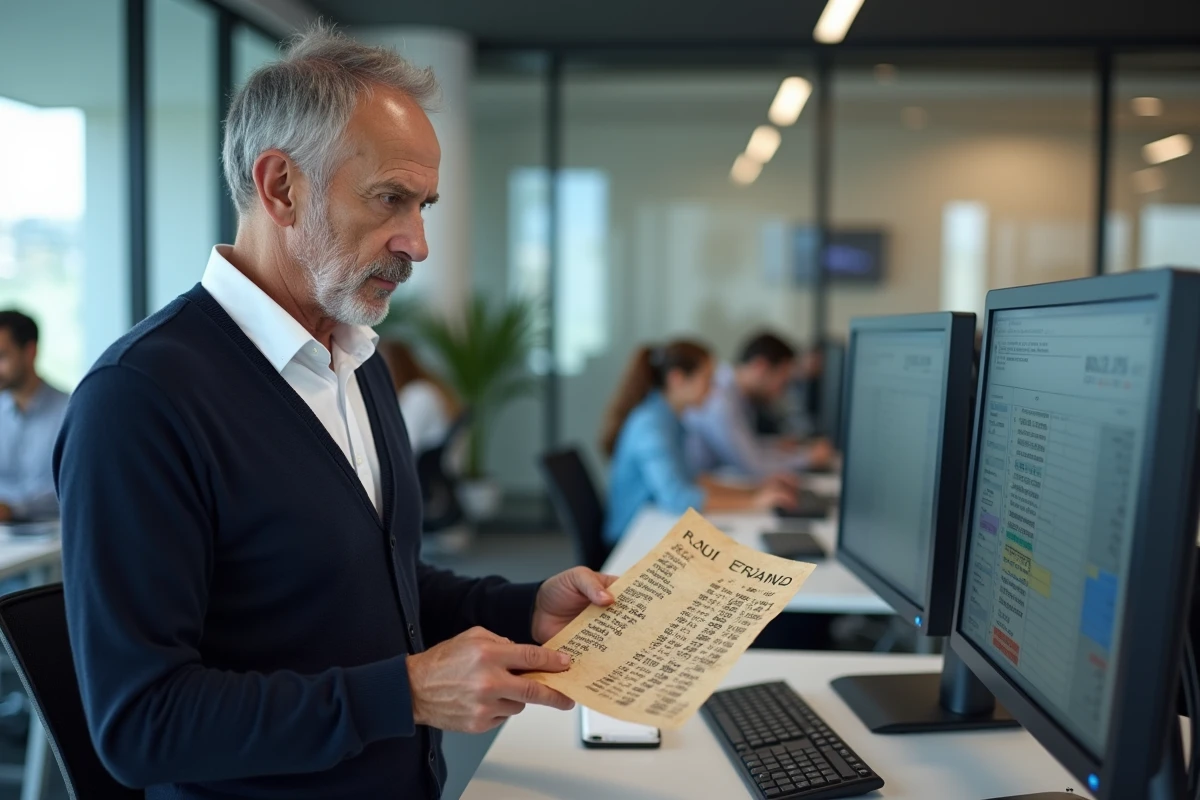 Comptable debout dans un bureau moderne consultant un document en anciens francs français avec un logiciel de conversion