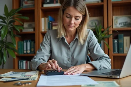 Comptable comparant des anciens francs et des euros sur un bureau avec un tableur de conversion
