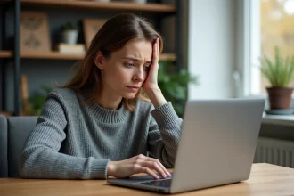 Femme frustrée devant un message d'erreur de connexion sur son ordinateur portable, compte crcafc bloqué