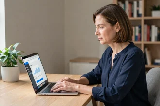 Femme connectée à son espace bancaire en ligne Compte Ca des Savoie sur un ordinateur portable dans un bureau à domicile