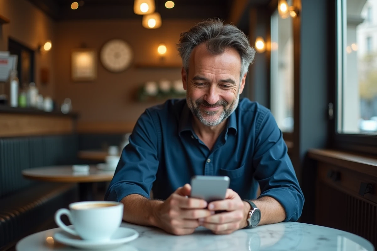 Homme d'affaires consultant son espace client Société Générale sur smartphone dans un café parisien