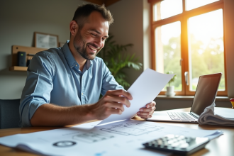 Propriétaire souriant consultat des documents fiscaux à un bureau moderne