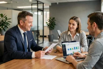 Conseiller bancaire présentant un crédit SCPI à un couple dans une agence bancaire moderne