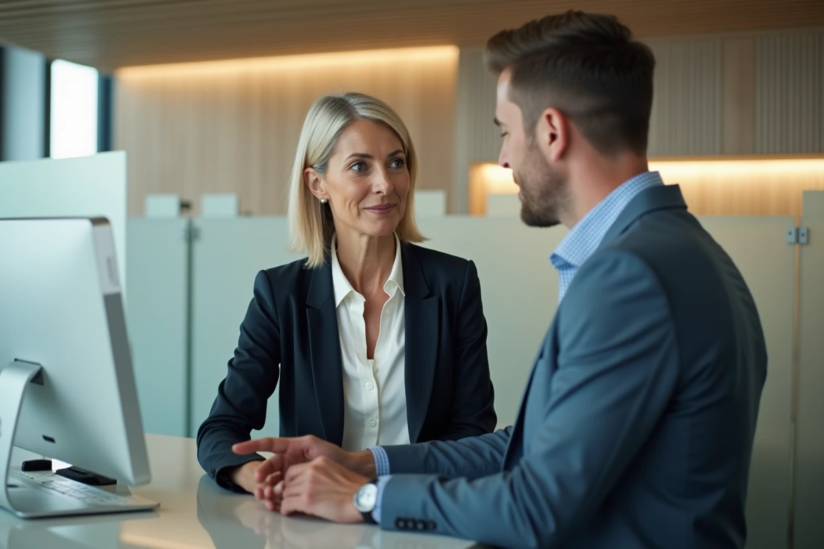 Cliente discutant avec un conseiller bancaire pour récupérer ses identifiants Cyber Plus en agence Banque Populaire