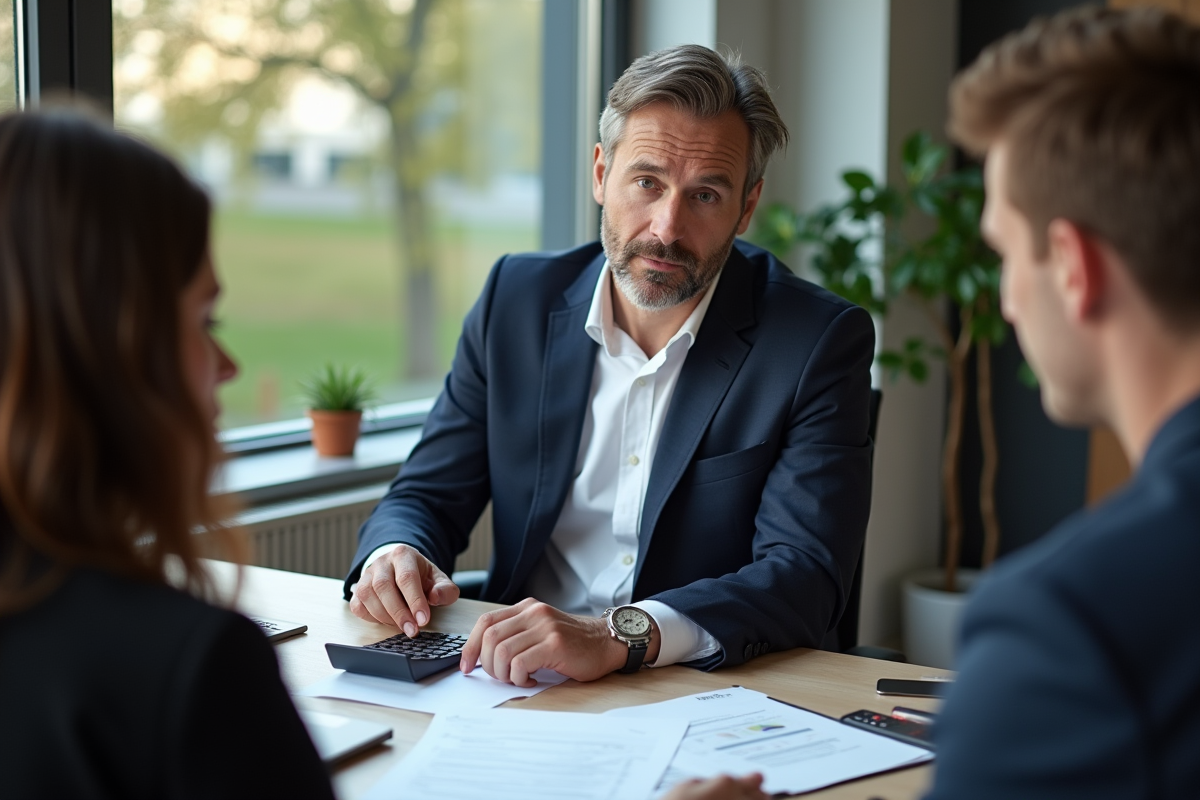 Conseiller financier expliquant simulation à un couple