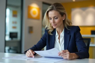 Femme conseillère bancaire à La Banque Postale examinant un document tarifaire 2026 à son bureau