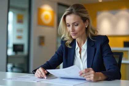 Femme conseillère bancaire à La Banque Postale examinant un document tarifaire 2026 à son bureau