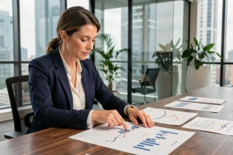 Conseillère financière analysant des graphiques de performance d'investissements alternatifs dans un bureau moderne