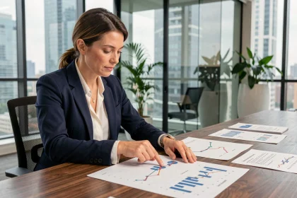 Conseillère financière analysant des graphiques de performance d'investissements alternatifs dans un bureau moderne