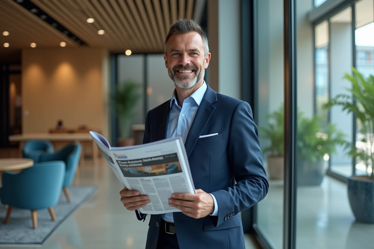 Consultant en assurance souriant avec magazine dans un lobby contemporain