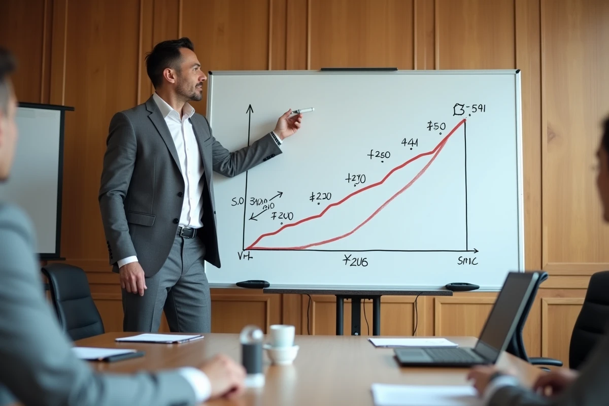 Consultant RH présentant les courbes de progression salariale en France sur un tableau blanc