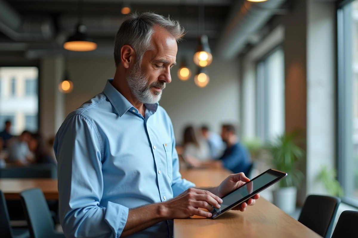 Homme consultant un service web sur tablette dans un espace de coworking moderne
